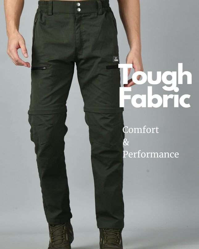 Olive green Convertible trek pants with 'Tough Fabric' text on a gray background