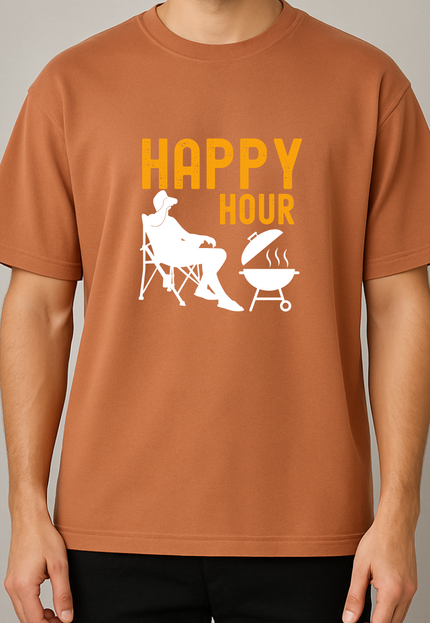 Men's Cotton Oversized Tshirt -Happy Hour- Brown