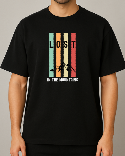 Men's Cotton Oversized Tshirt - Lost in the Mountains - Black