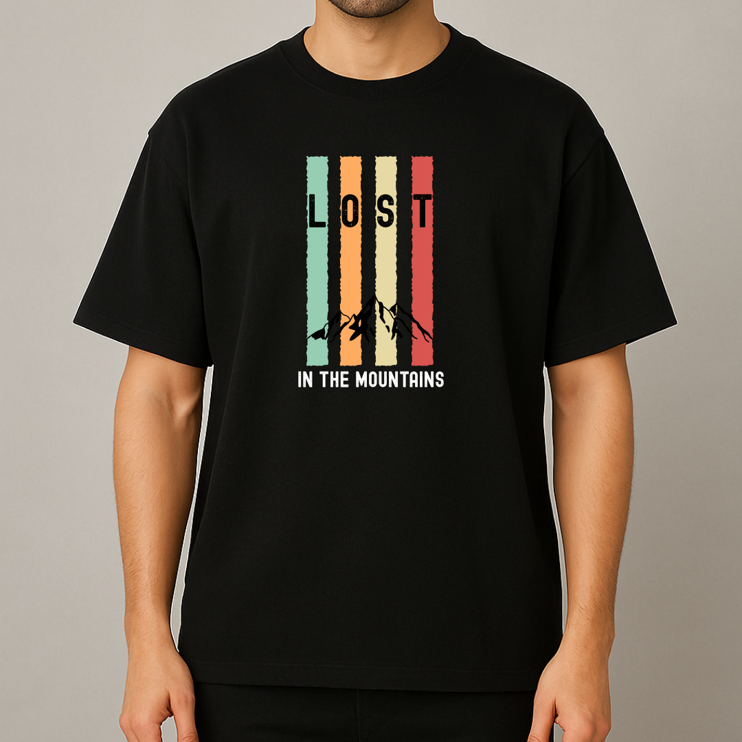 Men's Cotton Oversized Tshirt - Lost in the Mountains - Black