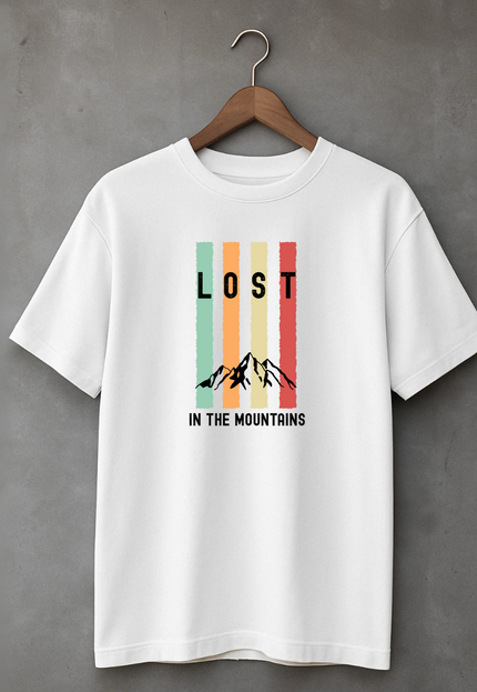 Men's Cotton Oversized Tshirt - Lost in Mountains - White
