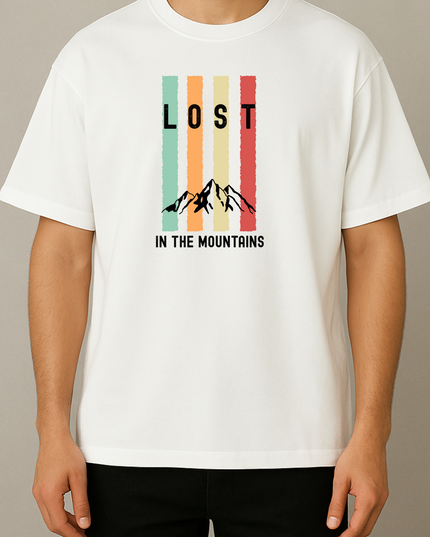 Men's Cotton Oversized Tshirt - Lost in Mountains - White