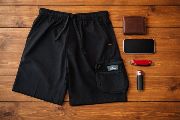 Black shorts with a phone, wallet, knife, and lighter on a wooden surface