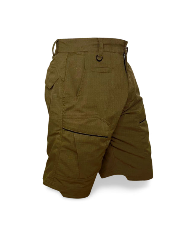A pair of Khaki men's hiking casual cargo shorts with multiple pockets.