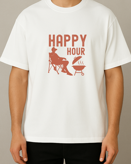 Men's Cotton Oversized Tshirt -Happy Hour- White